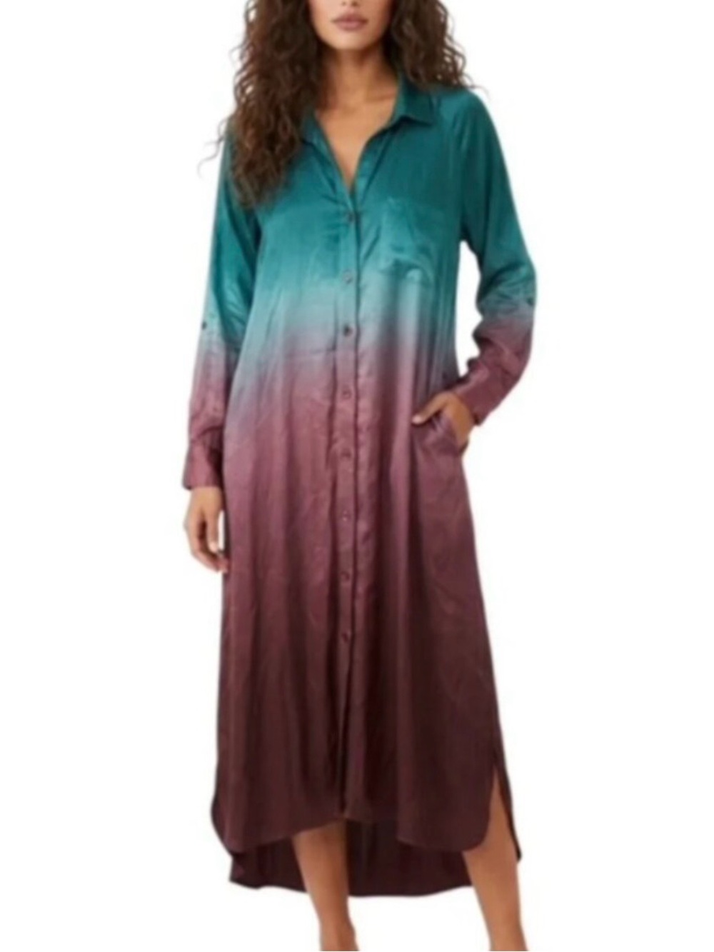 Young Fabulous & Broke Ombre Teal to Burgundy Button-Front Midi Dress M High-lo